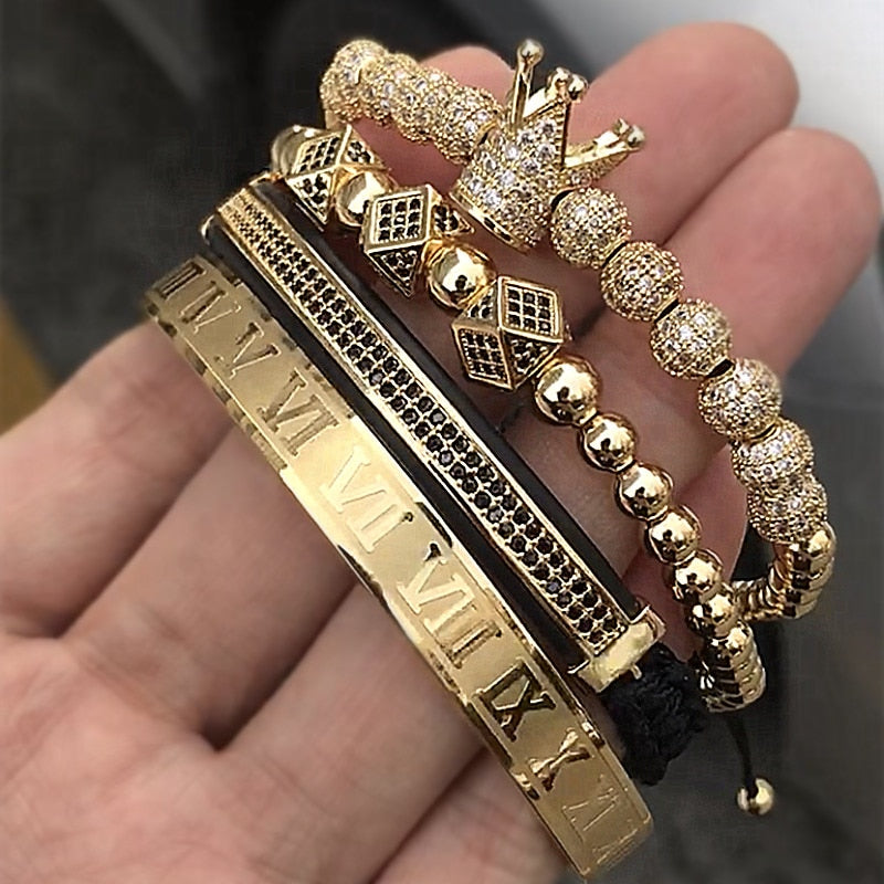 Classical handmade gold braiding bracelet with CZ zircon crown and Roman numeral design.