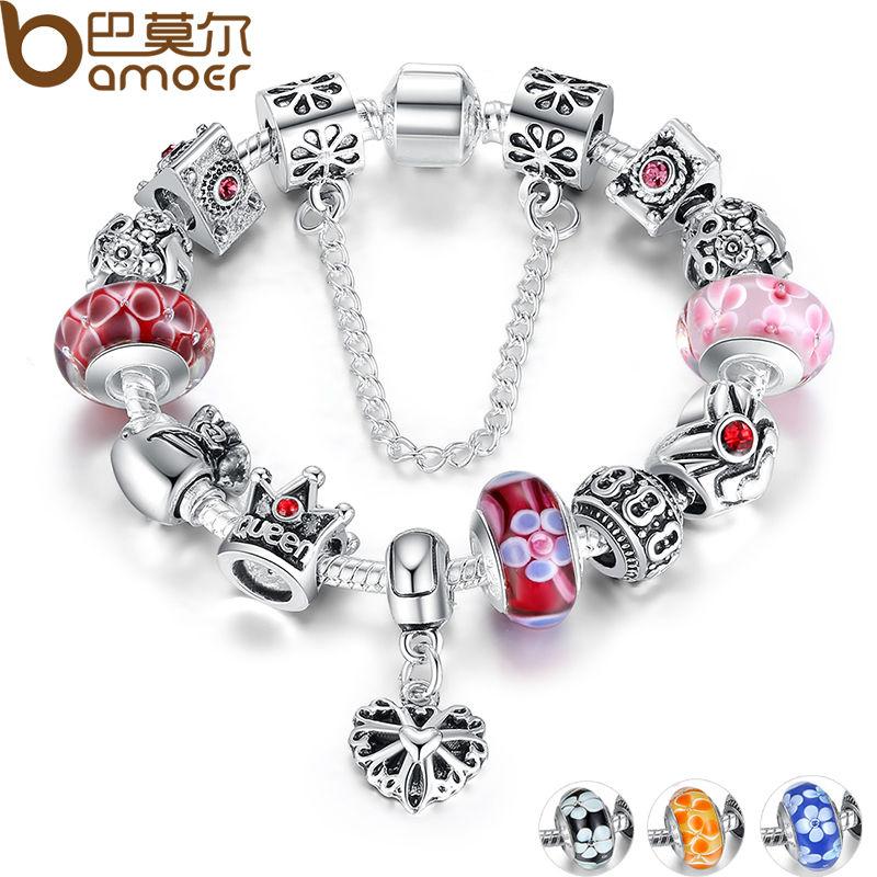 BAMOER Silver Charms Bracelet &amp; Bangles With Queen Crown Beads PA1823