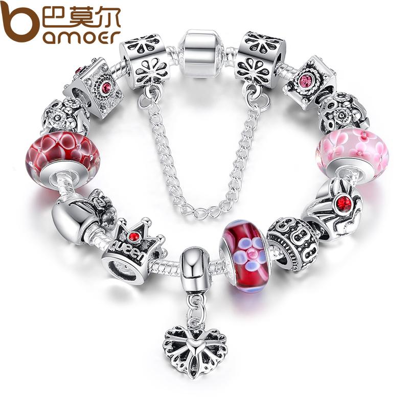 BAMOER Silver Charms Bracelet &amp; Bangles With Queen Crown Beads PA1823