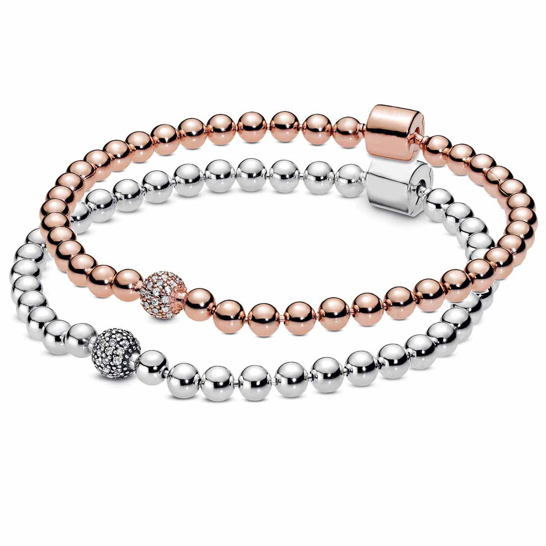 Rose Gold Beads Pave Crystal Sliding Bracelet 925 Silver Bangle Charm