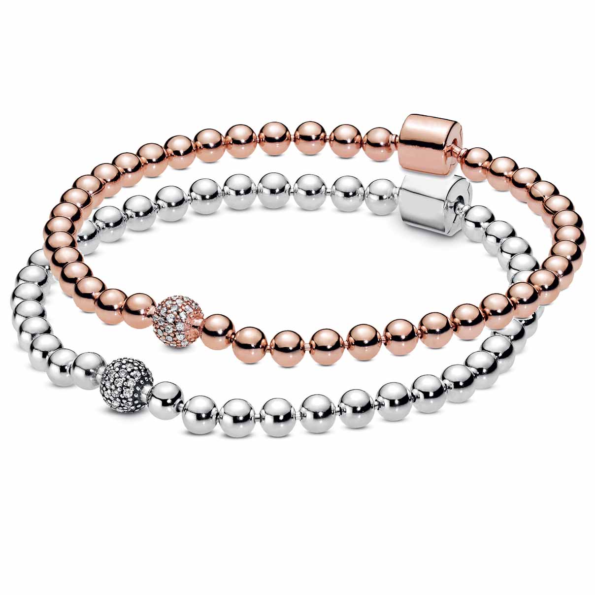 Rose Gold Beads Pave Crystal Sliding Bracelet 925 Silver Bangle Charm