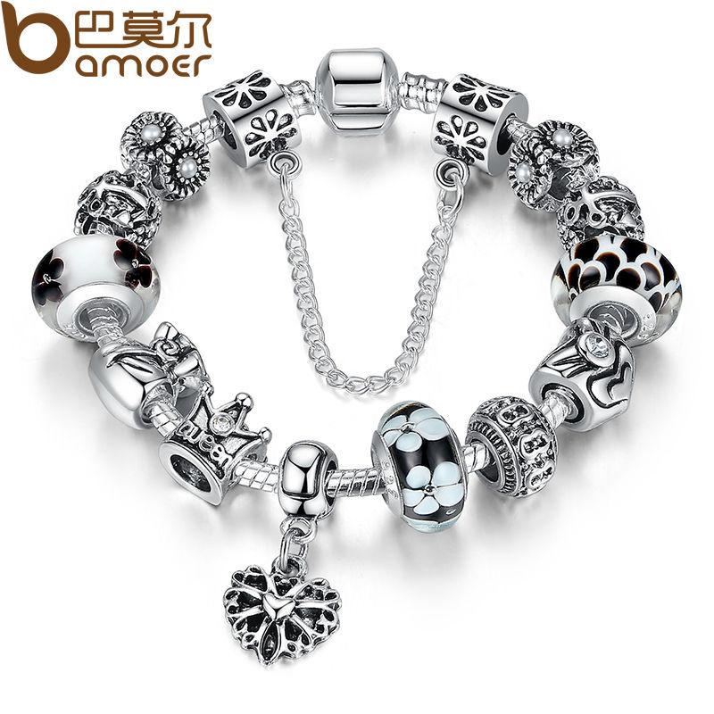 BAMOER Silver Charms Bracelet &amp; Bangles With Queen Crown Beads PA1823