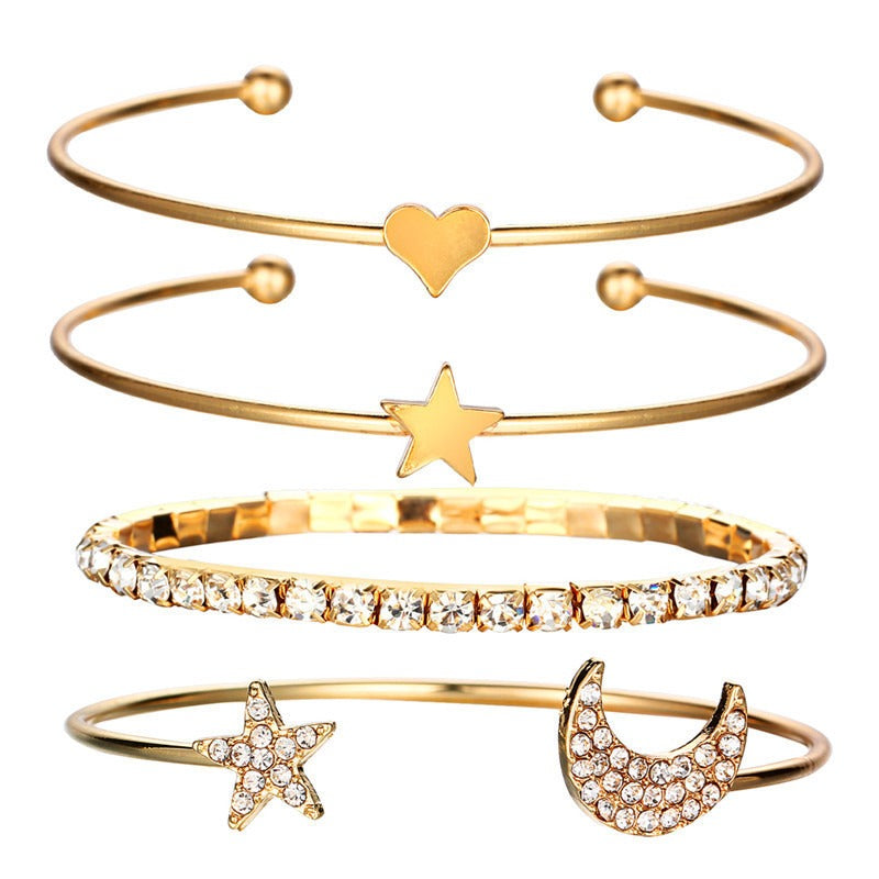 Alloy Five Point Star Diamond Bracelet Moon Open Combination Set