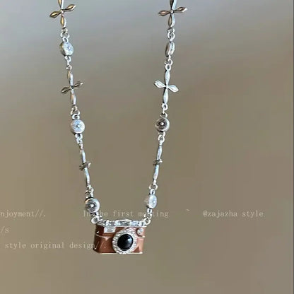 Fashion Retro Coffee Color Camera Necklace Asymmetric