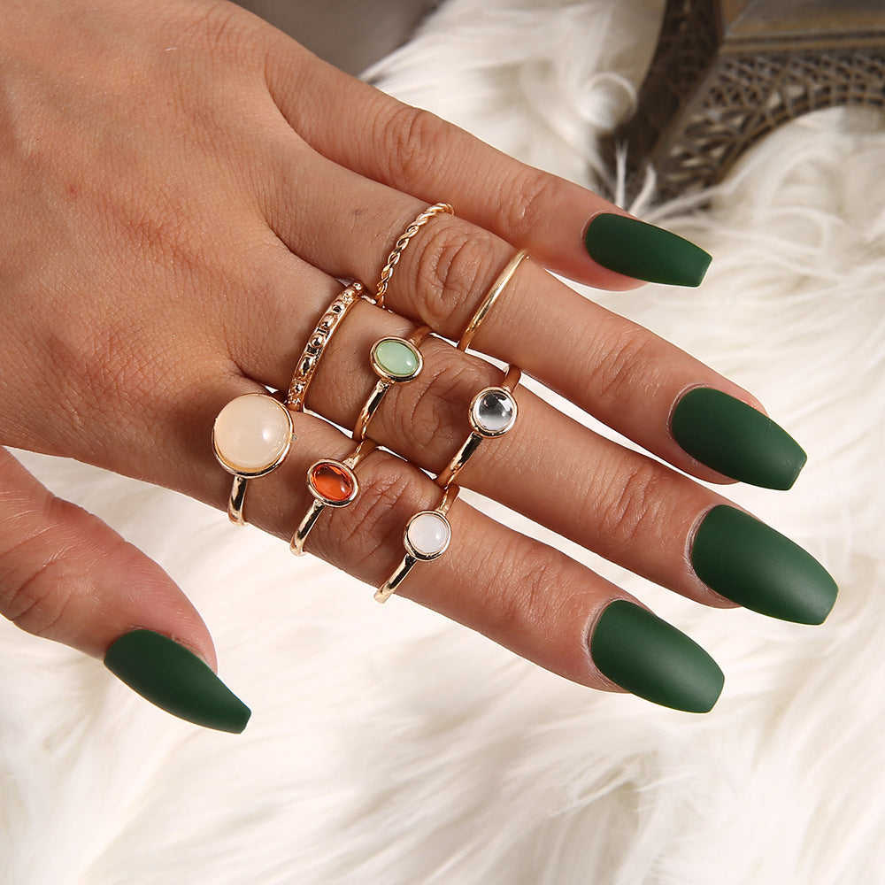 Leaf Crown Geometric Articulation Rings, stylish combination, hand wearing six-piece set.