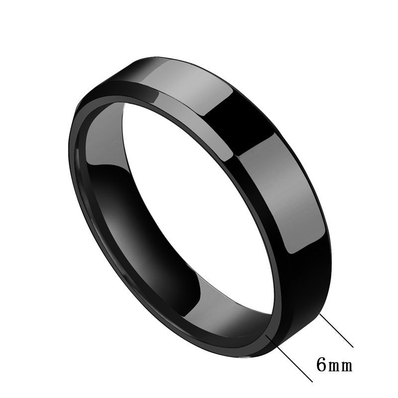 Black stainless steel couple ring with geometric design, 6mm width, for women.