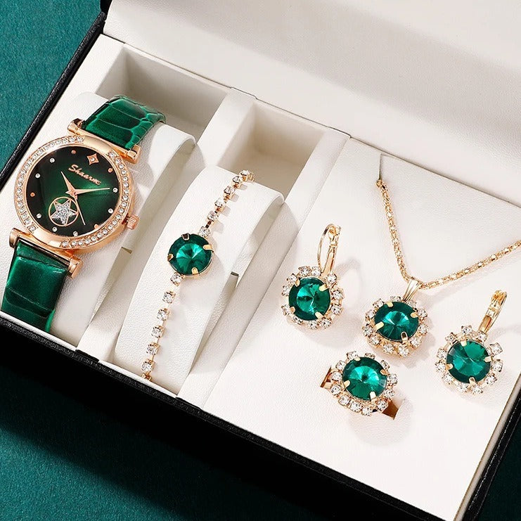 Green Belt Ear Stud Necklace Bracelet Ring Suit in elegant green box with watch, earrings, necklace, bracelet, and ring.