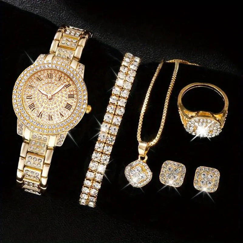 Women's diamond fashion Roman quartz watch set with bracelet, necklace, earrings, and ring in gold finish.