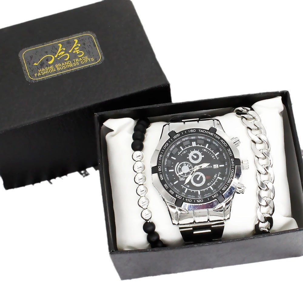 Non-mechanical watch with spiral crown and titanium steel bracelet in gift box.