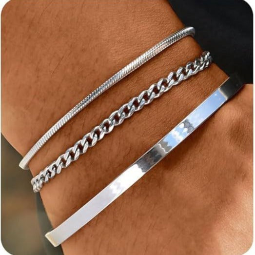 Stackable Cuff Stainless Steel Bracelet 3 Pieces Layered Bangle Snake Box Chain Cuban Link Chain Bracelet Set