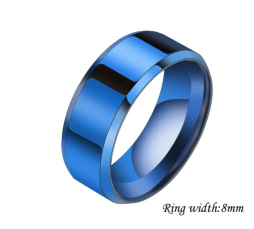 Blue stainless steel couple ring for women, simplicity style, geometric design, 8mm width.