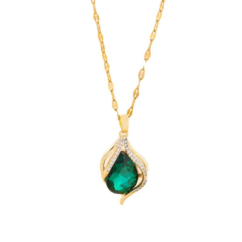 Green Crystal Pendant Titanium Steel Necklace For Women