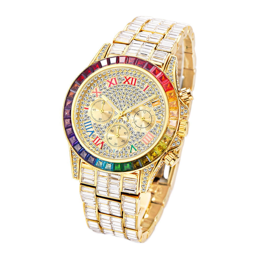 Three Eyes Rainbow Diamond Quartz Watch with circular dial and colorful bezel.