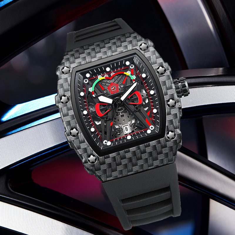 Waterproof luminous watch with black shell and stylish design.