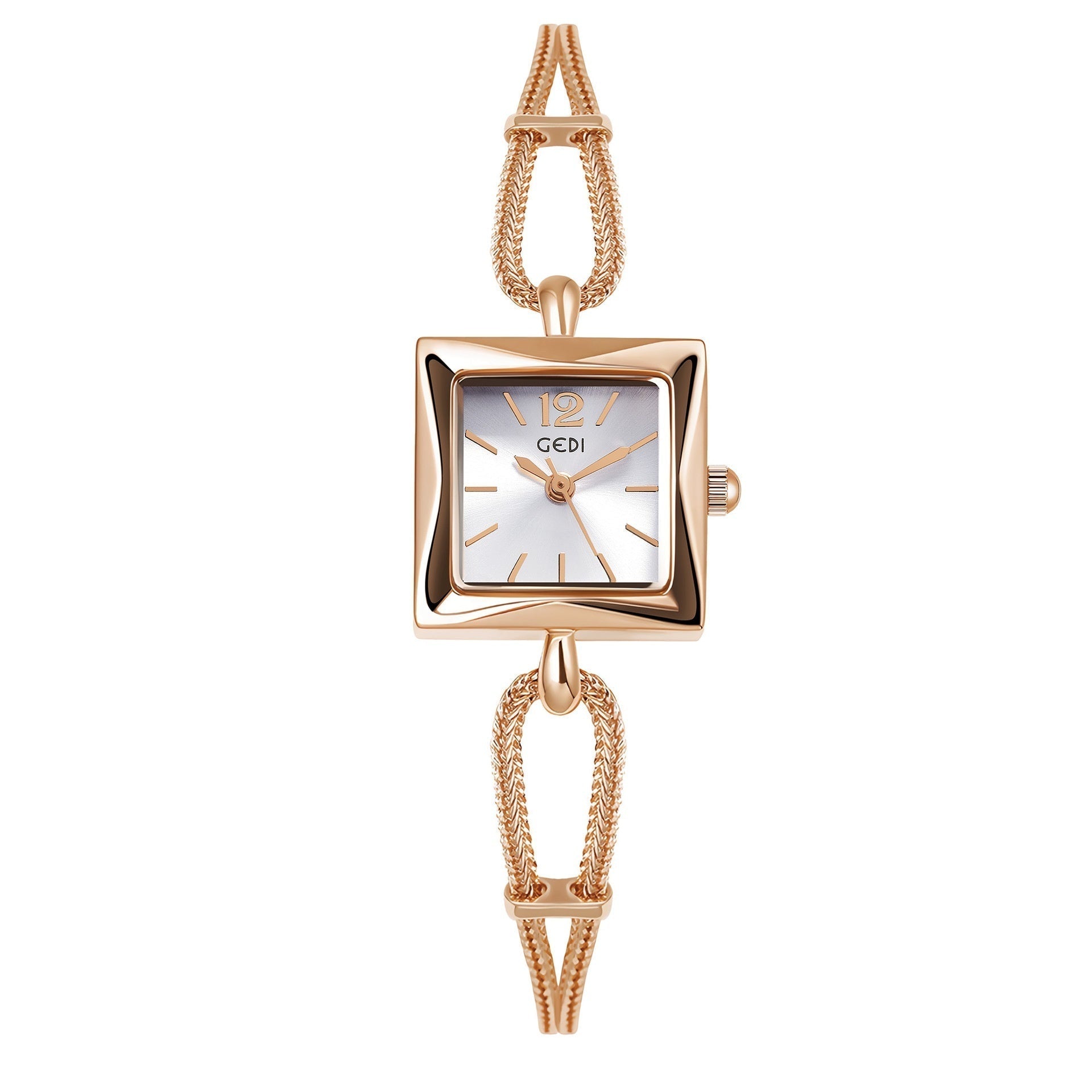 High-grade antique style small square plate alloy bracelet watch with rose gold strap.