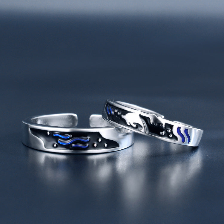 Sea and whale epoxy couple rings for men and women, simple design, adjustable size.