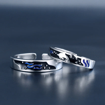 Sea and whale epoxy couple rings for men and women, simple design, adjustable size.