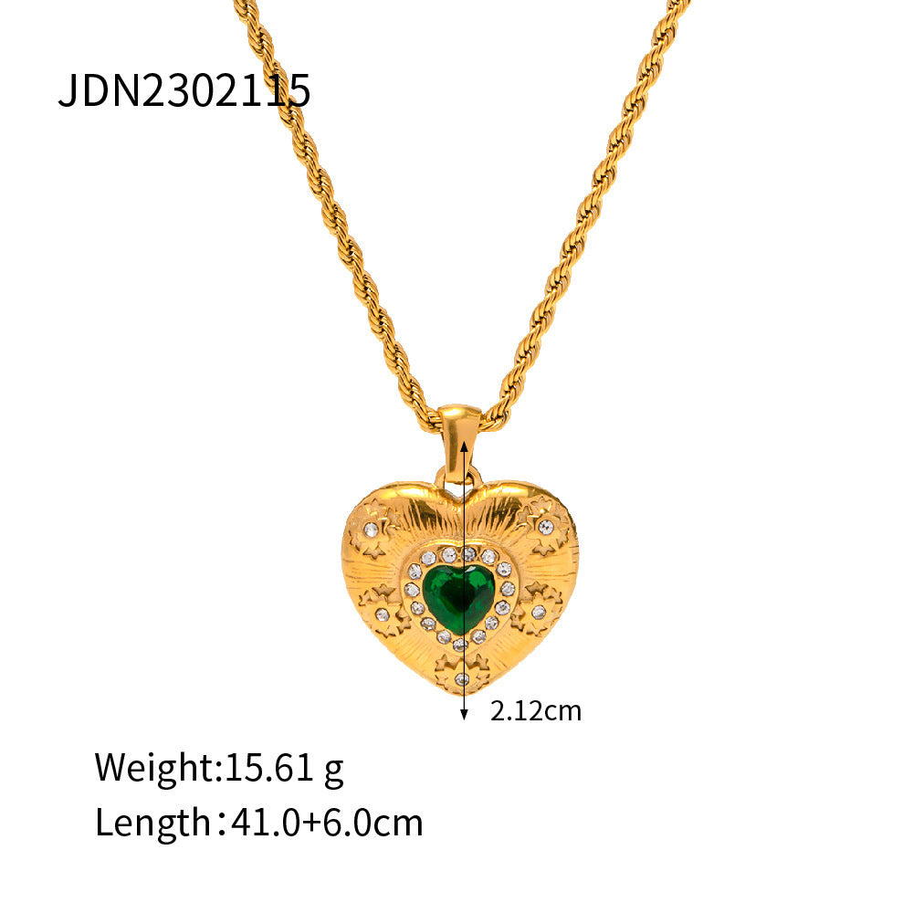 Inlaid Emerald Zircon Heart-shaped Pendant Necklace