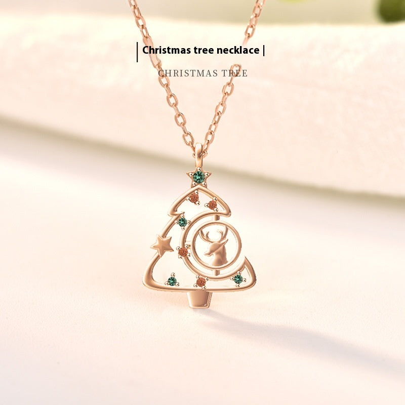 S925 Elk Christmas Tree Necklace Fashion Ins Style Zircon Clavicle Chain Women&