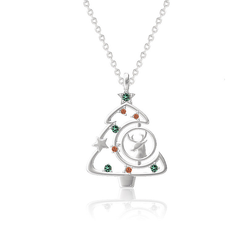 S925 Elk Christmas Tree Necklace Fashion Ins Style Zircon Clavicle Chain Women&