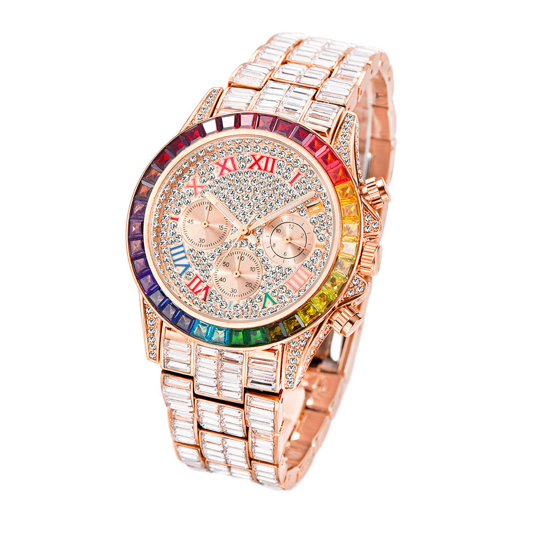 Three Eyes Rainbow Diamond Quartz Watch with colorful dial and bracelet.