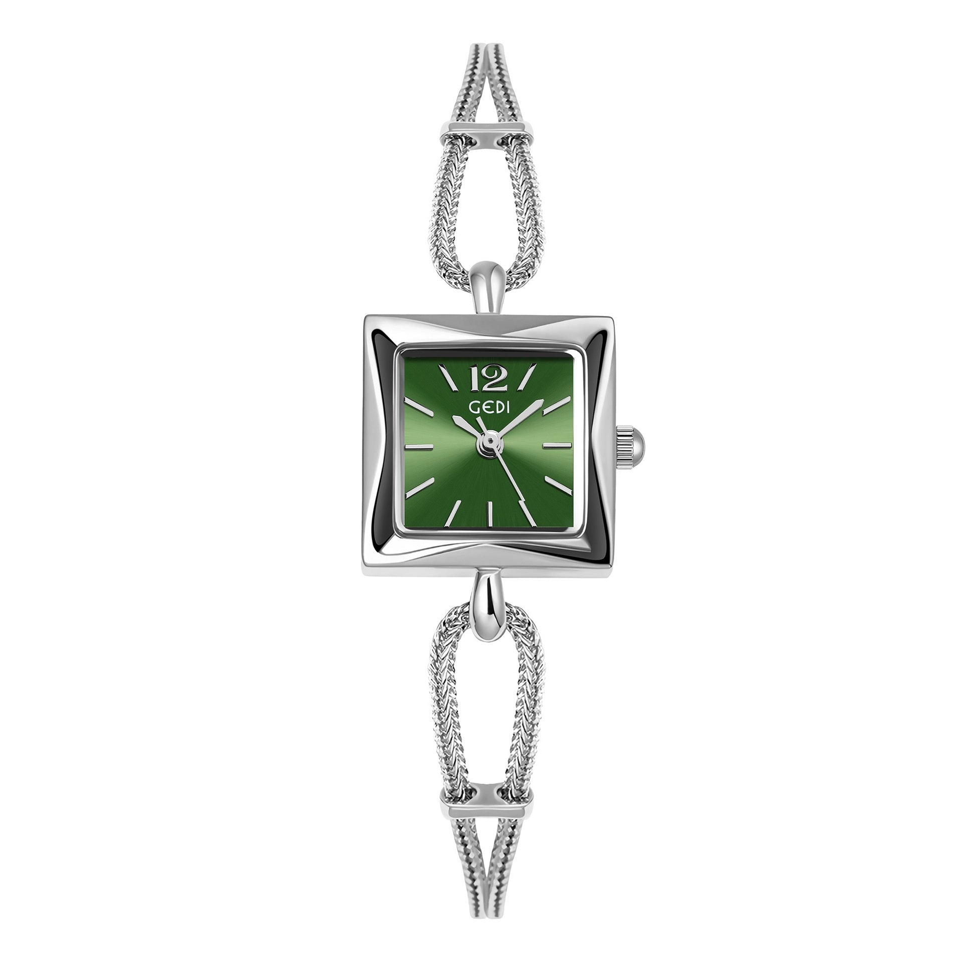 High-grade small square alloy bracelet watch with green dial and quartz movement.