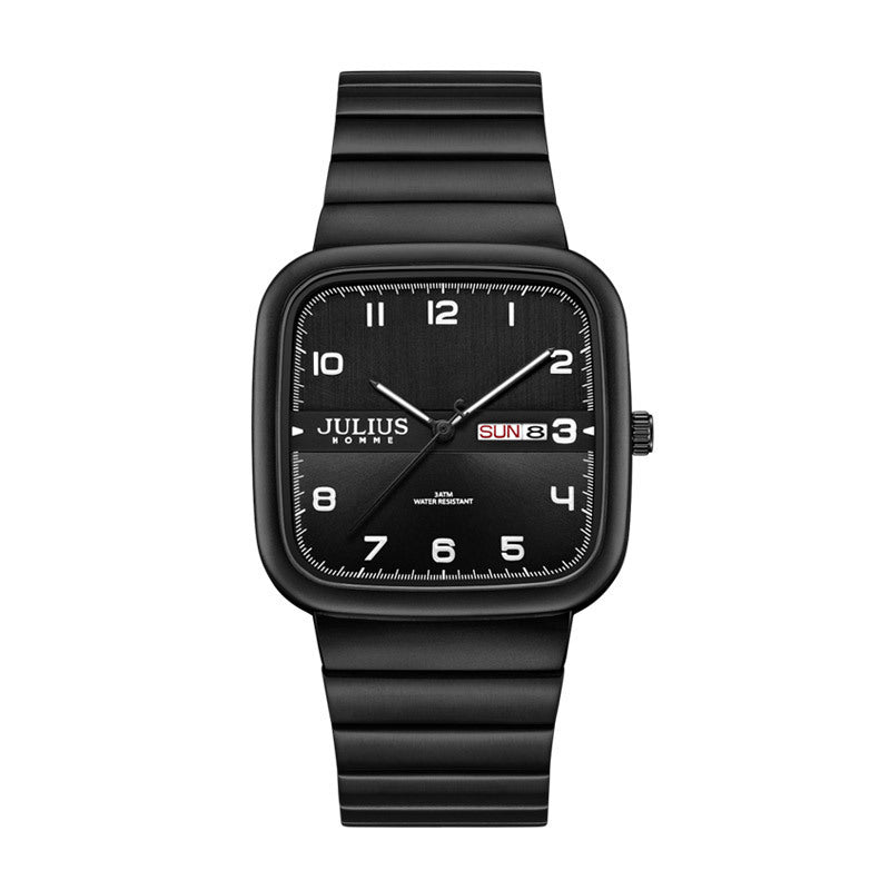 Casual business watch with a square black dial and strap, featuring mineral tempered glass and a screw crown.