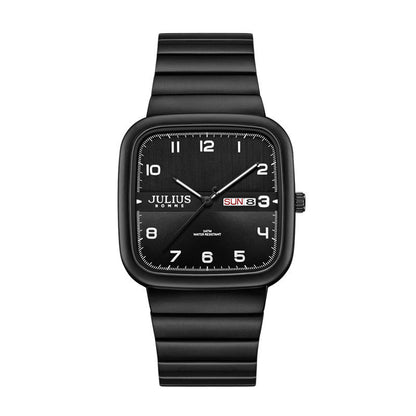 Casual business watch with a square black dial and strap, featuring mineral tempered glass and a screw crown.