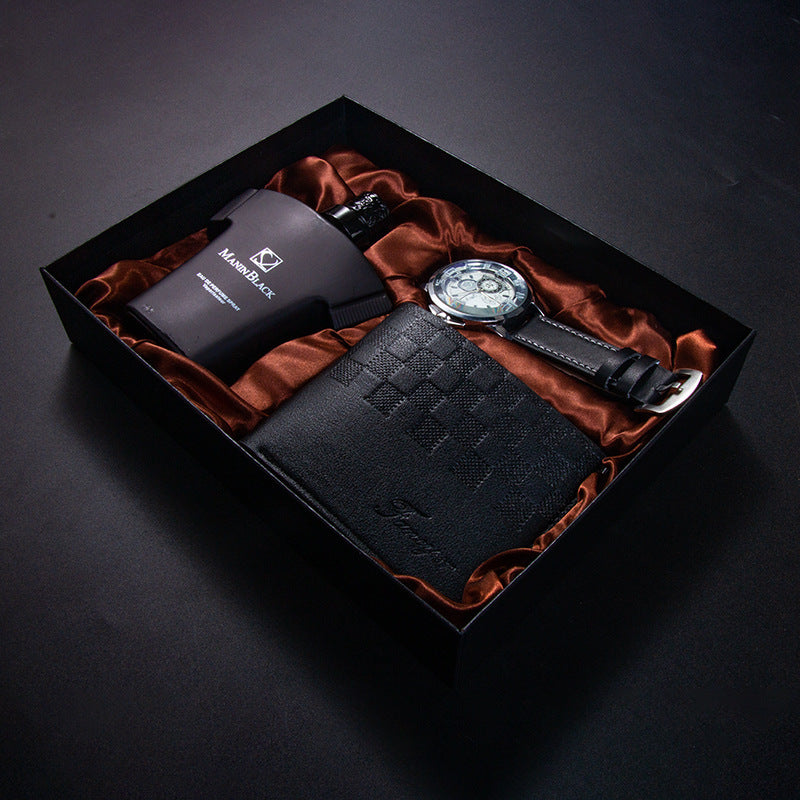 Birthday gift set with quartz watch, leather wallet, and perfume in a modern gift box.