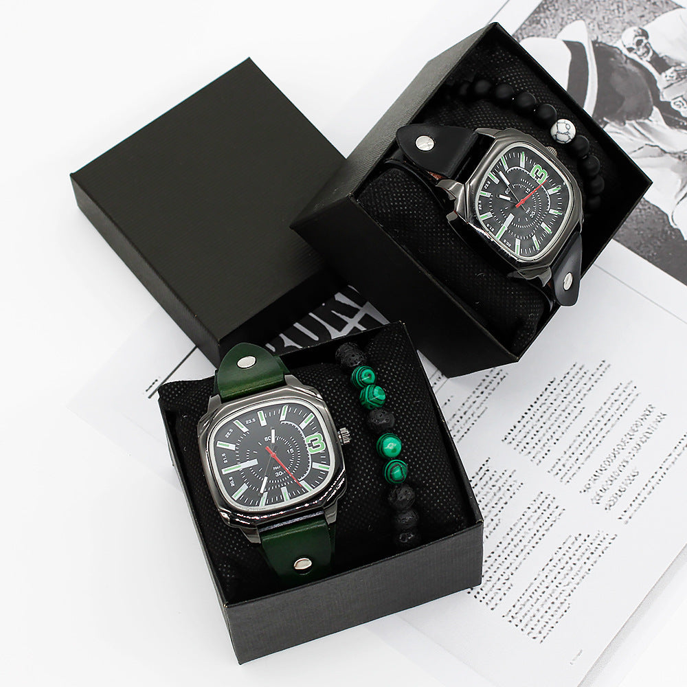 Green belt bracelet and quartz watch set with gift box, featuring fashion style for men.