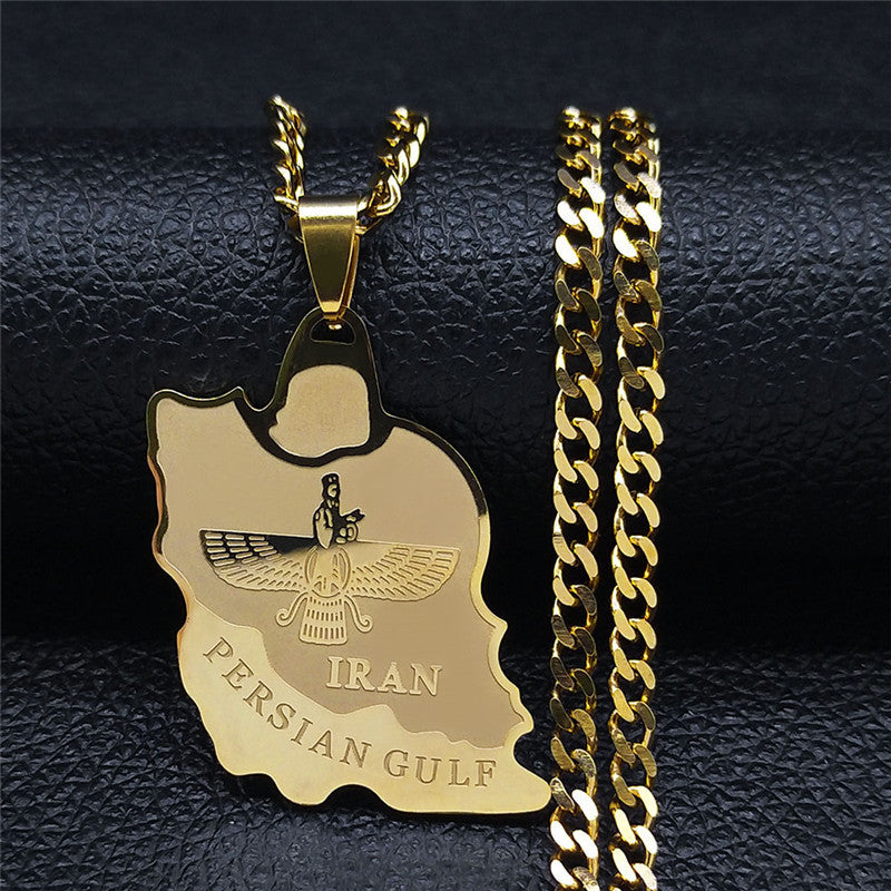 Stainless Steel Iran Map Ahula Mazda Pendant Necklace