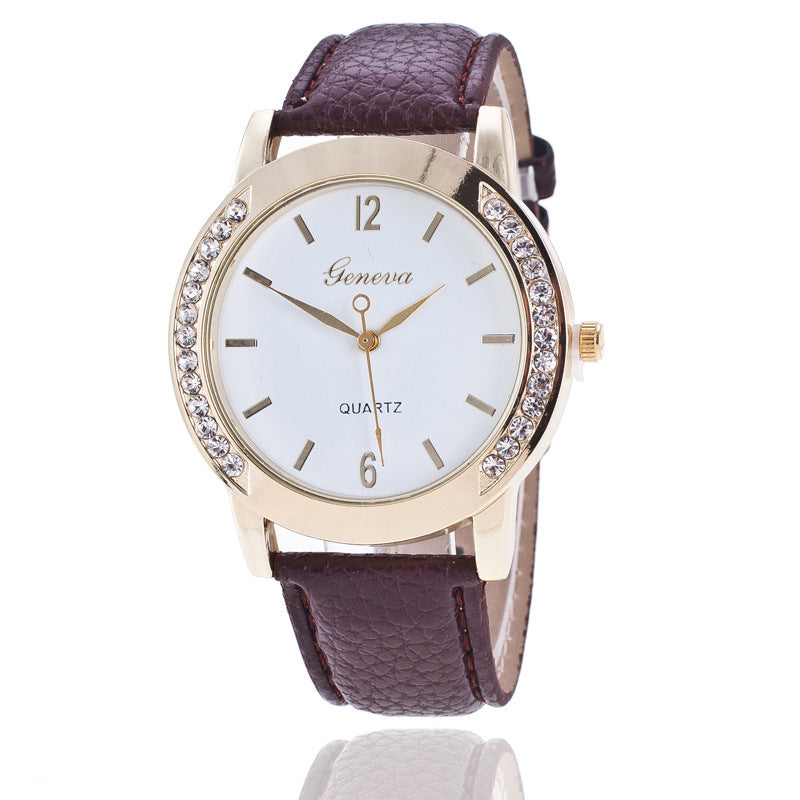 Geneva Diamond Quartz Watch for Women with brown imitation leather strap and alloy case.