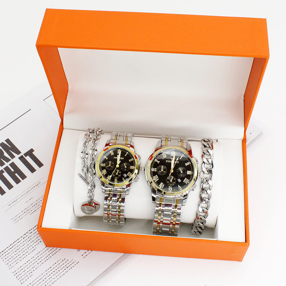 Couple watch set with silver bracelets in an orange gift box, featuring quartz movement and round dial design.