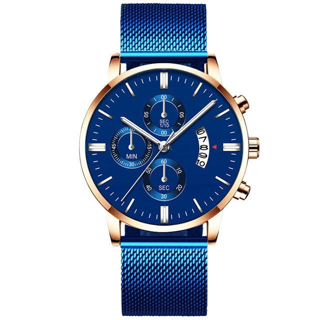 Mens business luxury quartz watch with blue analog display and stainless steel band.