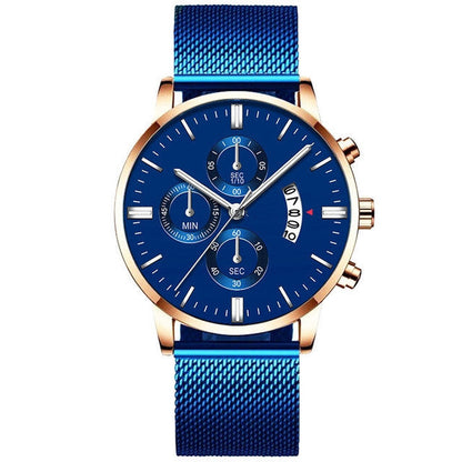 Mens business luxury quartz watch with blue analog display and stainless steel band.