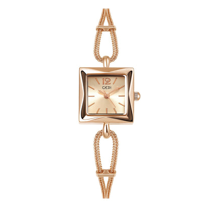 High-grade simple square plate alloy bracelet watch in antique style with rose gold strap.