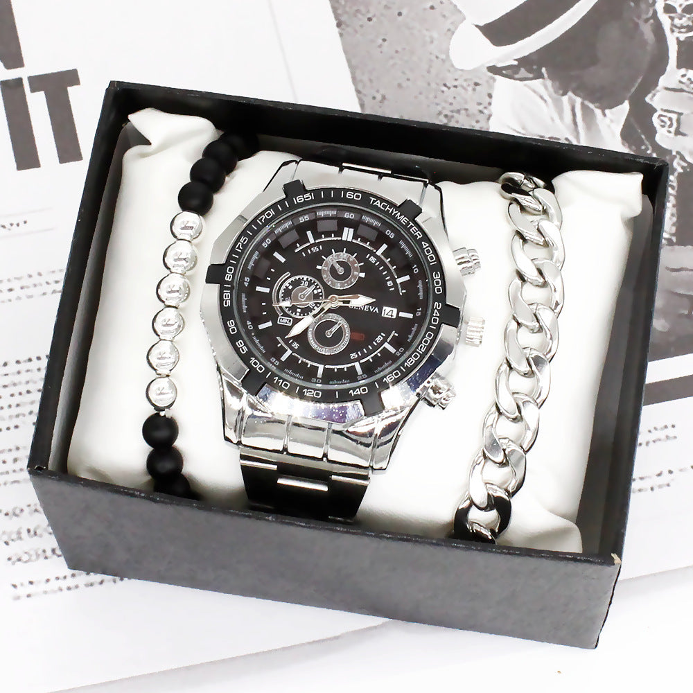 Silver non-mechanical watch with titanium steel bracelet set in gift box.