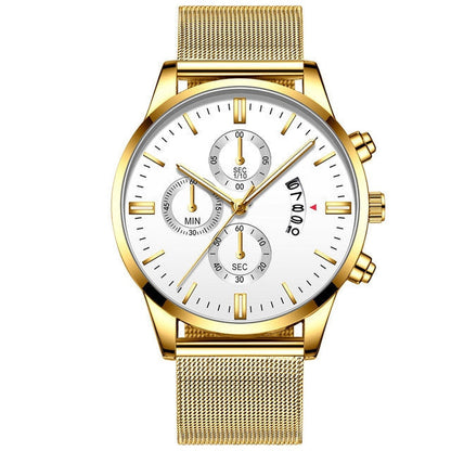 Mens business luxury watch with stainless steel band and quartz movement.