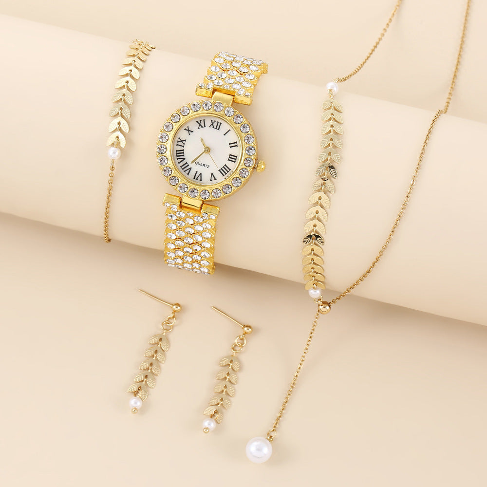 Luxury diamond women watches set with rhinestone bracelet, necklace, and earrings in gold.