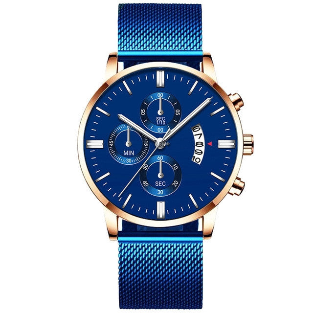 Mens business luxury watch with blue dial and stainless steel band.