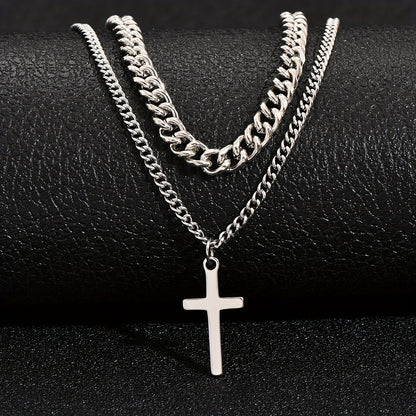 Titanium Steel Double Layer Cross Pendant Necklace