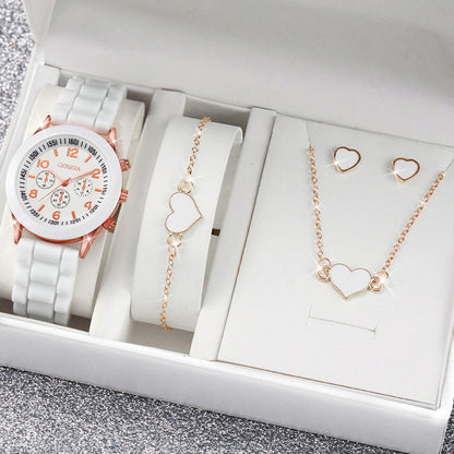 4pcs/set Women Watches Fashion Silicone Band Women Quartz Watches Heart Jewelry Set(Without Box)