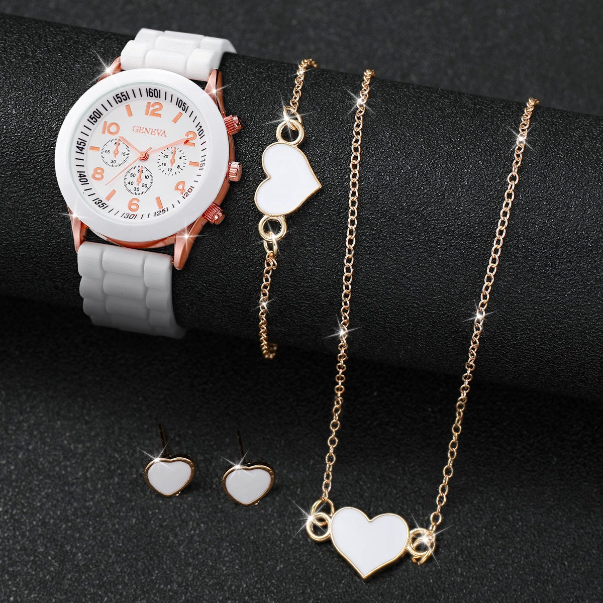 4pcs/set Women Watches Fashion Silicone Band Women Quartz Watches Heart Jewelry Set(Without Box)