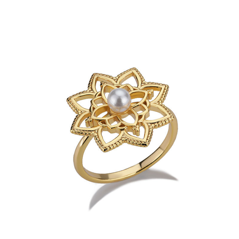 Stainless steel vintage golden lotus ring with moon and sun opal design.