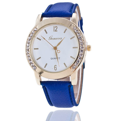 Geneva Diamond Quartz Watch for Women with Blue Imitation Leather Strap