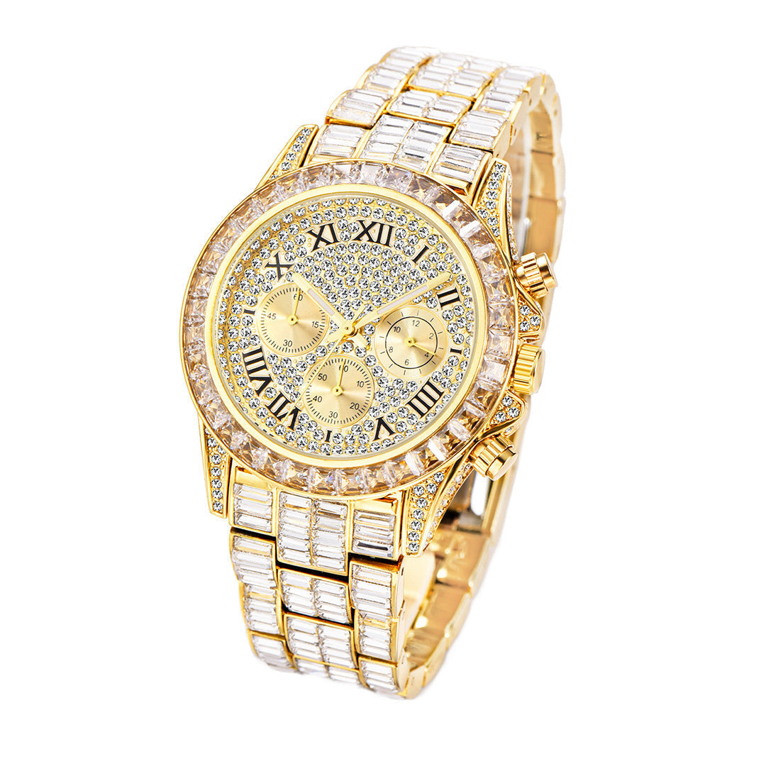 Three Eyes Rainbow Diamond Quartz Watch for men with gold-tone circular dial and decorative features.