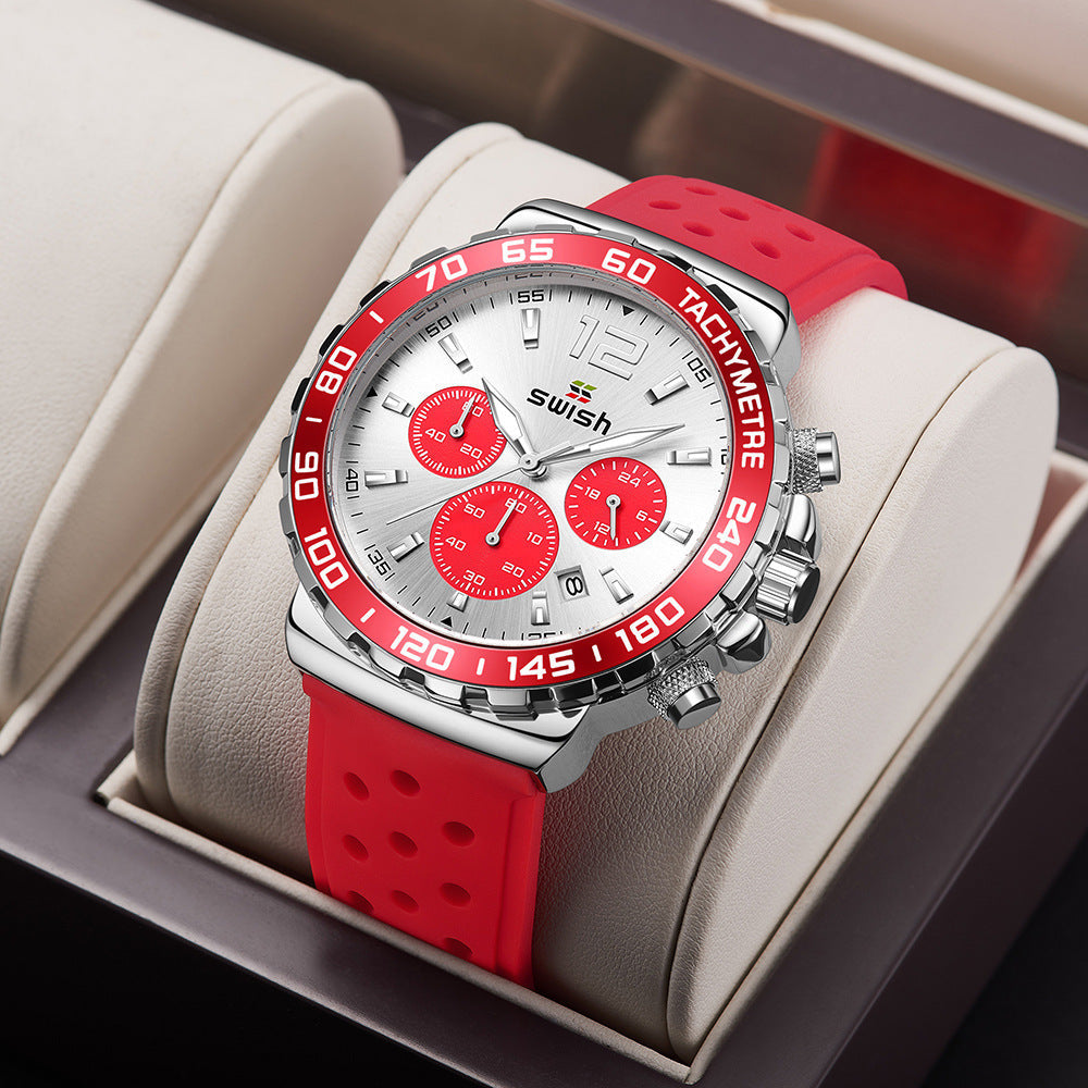 Red silicone strap six-pin quartz watch with tachymeter bezel and sport design.