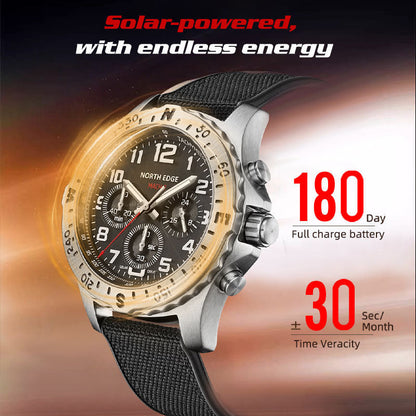 Men’s North Edge watch with black design, solar-powered, 180-day battery life, original style.