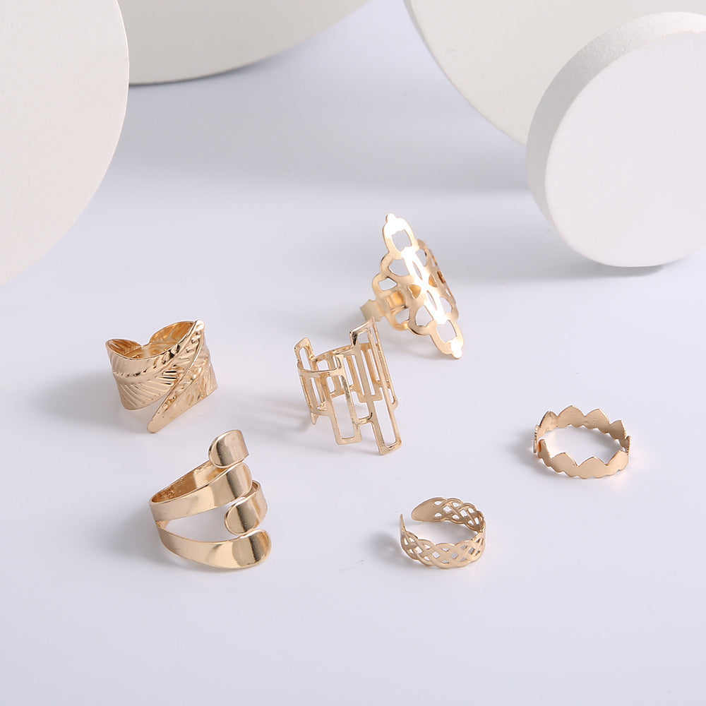 Leaf Crown Geometric Articulation Rings 6 Piece Combination Set with Alloy Material