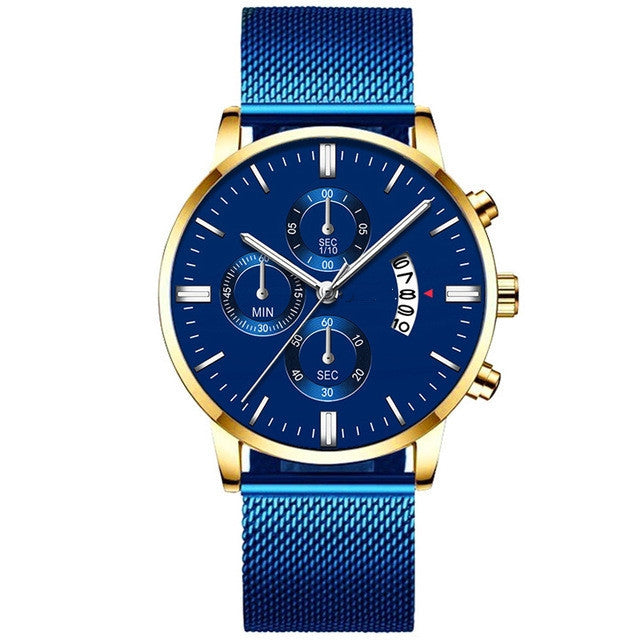 Mens business luxury watch with blue stainless steel band and gold case.